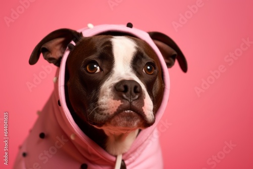 Close-up portrait photography of a cute staffordshire bull terrier wearing a ladybug costume against a dusty rose background. With generative AI technology