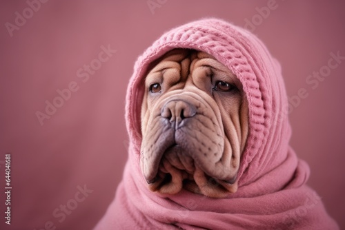 Photography in the style of pensive portraiture of a cute chinese shar pei dog wearing a snood against a dusty rose background. With generative AI technology © Markus Schröder
