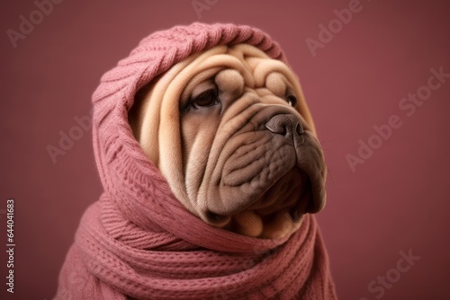 Photography in the style of pensive portraiture of a cute chinese shar pei dog wearing a snood against a dusty rose background. With generative AI technology © Markus Schröder