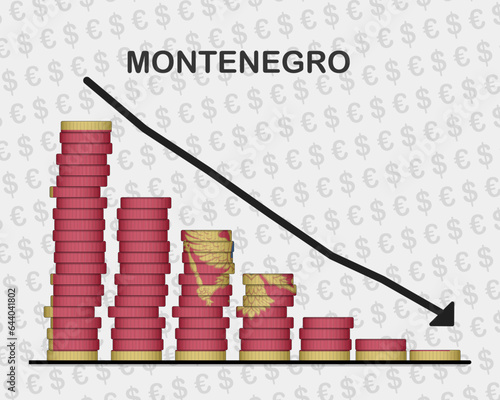 Montenegro economic collapse, decreasing values with coins, crisis and downgrade concept