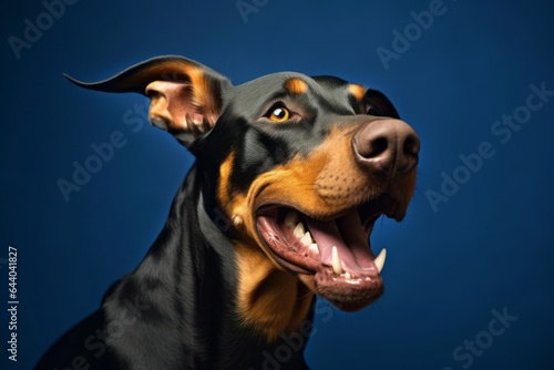 Close-up portrait photography of a happy doberman pinscher wearing a jumper against a navy blue background. With generative AI technology