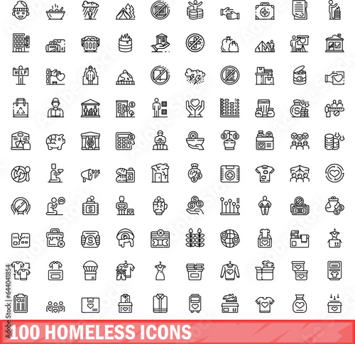 100 homeless icons set. Outline illustration of 100 homeless icons vector set isolated on white background