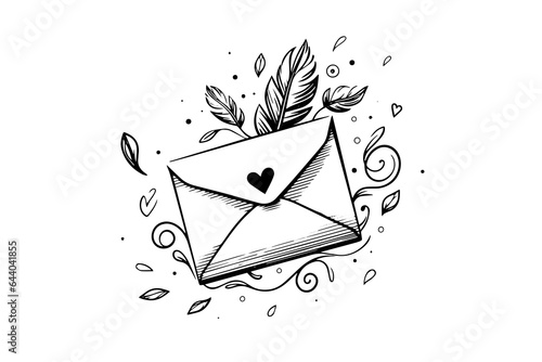 Envelope with heart and flower hand drawn ink sketch. Engraving vintage style vector illustration.