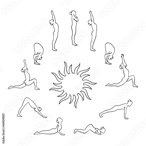 Set of hand drawn sketched Surya Namaskar yoga complex. Vector Illustration isolated on white background.