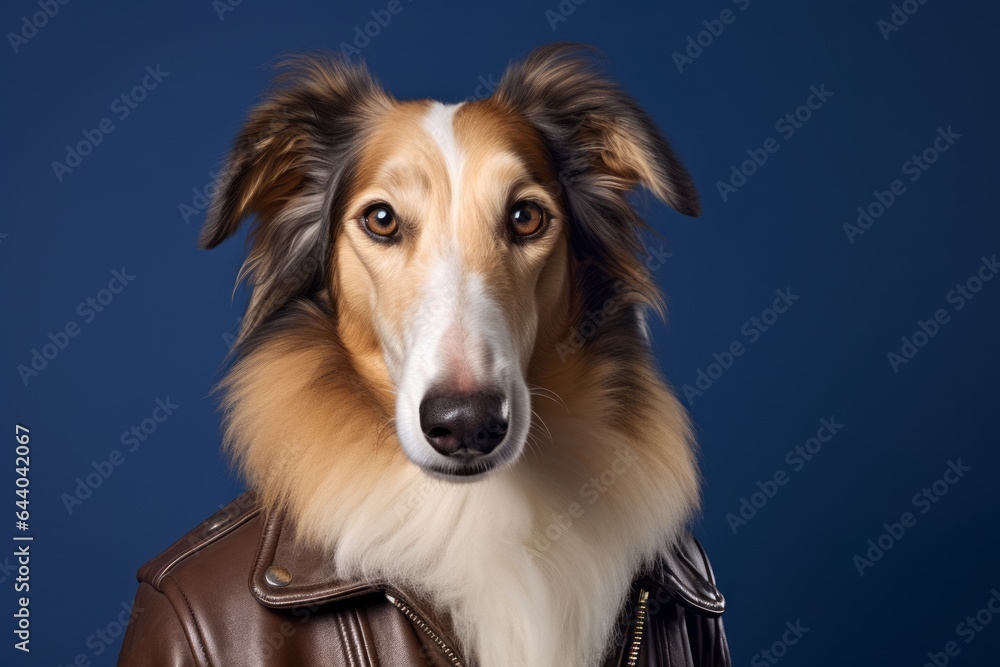 Medium shot portrait photography of a funny borzoi wearing a leather jacket against a navy blue background. With generative AI technology