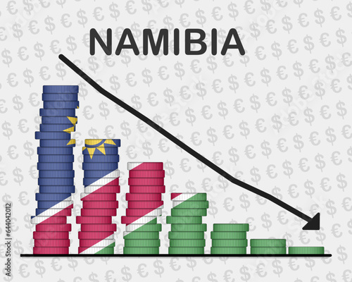 Namibia economic collapse, decreasing values with coins, crisis and downgrade concept