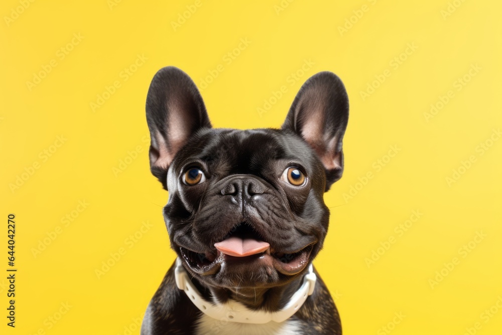 Medium shot portrait photography of a cute french bulldog wearing a shark fin against a bright yellow background. With generative AI technology