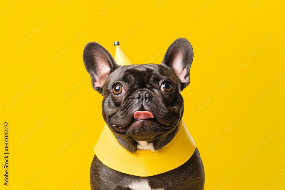 Medium shot portrait photography of a cute french bulldog wearing a shark fin against a bright yellow background. With generative AI technology
