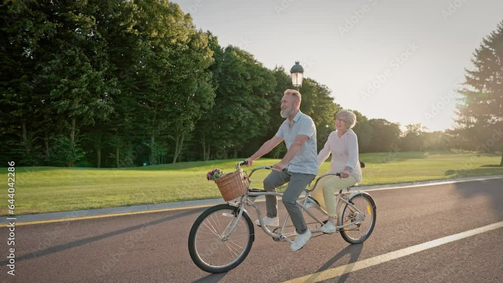 Happy aged couple relaxing and riding double bicycle Happy aged couple relaxing and riding double bicycle