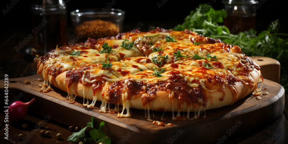 Pizza with stretching cheese on a wooden table on a black background