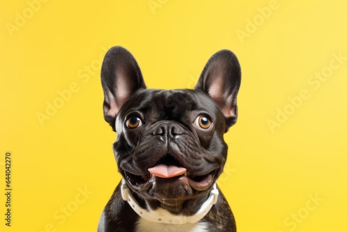 Medium shot portrait photography of a cute french bulldog wearing a shark fin against a bright yellow background. With generative AI technology © Markus Schröder