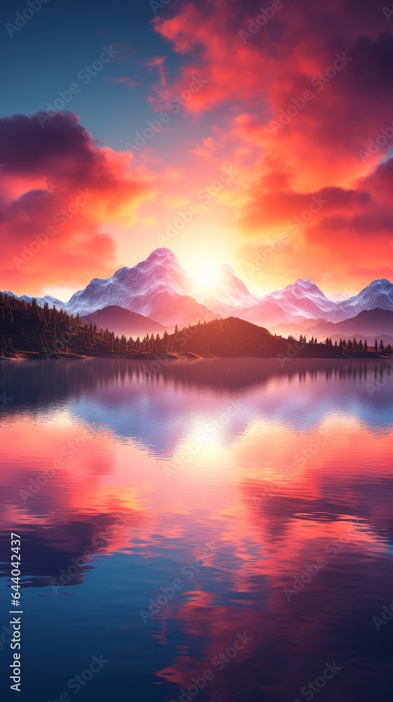 Fototapeta premium A beautiful sunset over a lake with mountains in the background