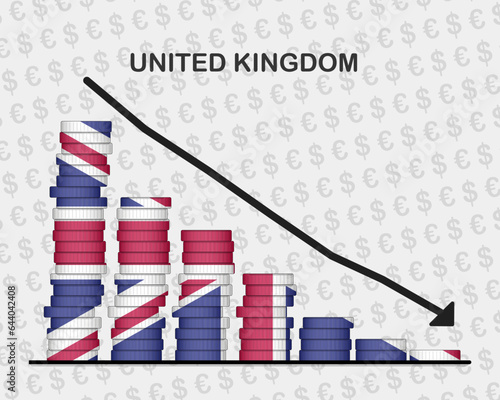 United Kingdom economic collapse, decreasing values with coins, crisis and downgrade concept