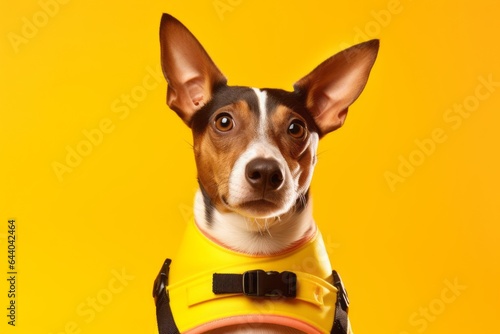 Lifestyle portrait photography of a cute basenji dog wearing a life jacket against a bright yellow background. With generative AI technology © Markus Schröder