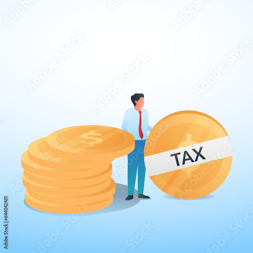 people set aside coins with tax labels from pile of coins, metaphor of paying taxes