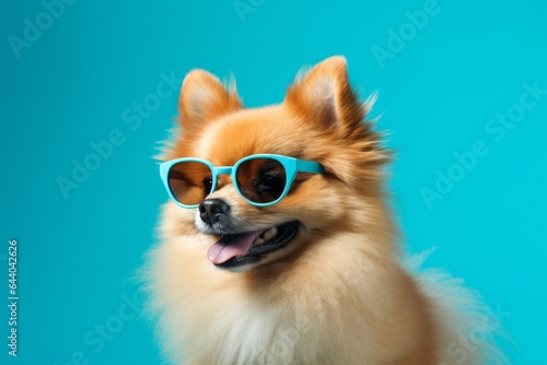 Close-up portrait photography of a funny pomeranian wearing a trendy sunglasses against a teal blue background. With generative AI technology © Markus Schröder