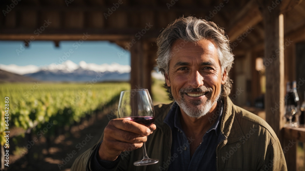 man smiling with a glass of wine in his hand, vineyard in the background man smiling with a glass of wine in his hand, vineyard in the background