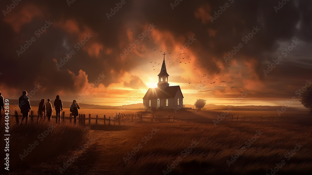 landscape sunset people go to a lonely church against the background of the sunset sky faith religion.
