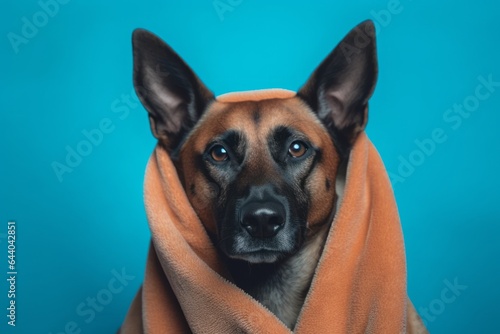 Close-up portrait photography of a tired belgian malinois dog wearing a plush robe against a teal blue background. With generative AI technology