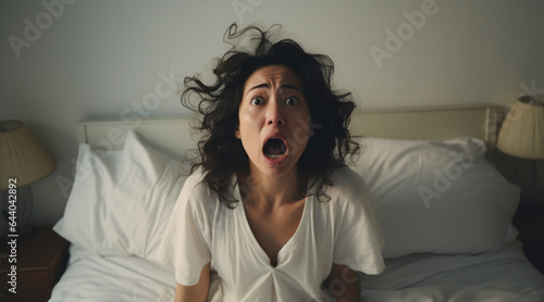 朝寝坊して驚いベッドから起き上がろうとする女性 photo