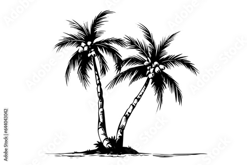 Palm tree with coconut hand drawn sketch. Ink silhouette vector illustration.