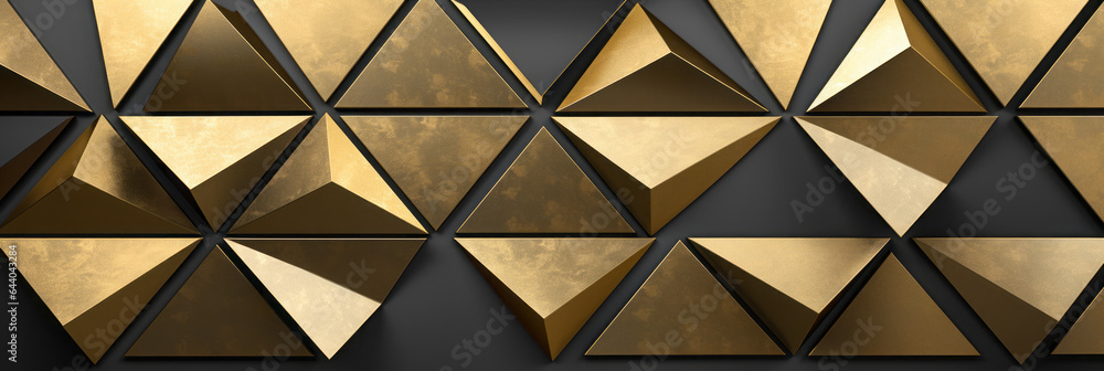 Abstract background. Gold triangles. 3d, depth. Wall design. Faceted. Interior design. Lighting. Angular, Geometric. Abstract background. Gold triangles. 3d, depth. Wall design. Faceted. Interior design. Lighting. Angular, Geometric.