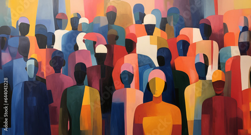 Abstract painting. Nondescript bodies. Diversity, Inclusion and Belonging. All in this together. A crowd of people. People of all colours. Humanity. Respect. DEIB, DEI.