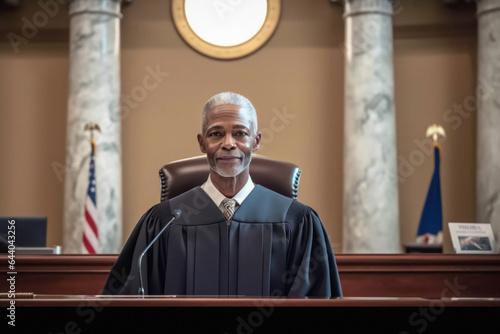Black Judge sitting in a courtroom portrait