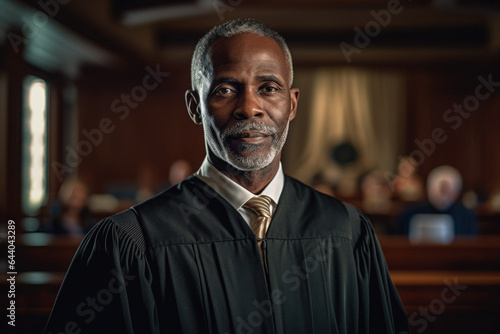 Black Judge sitting in a courtroom portrait photo