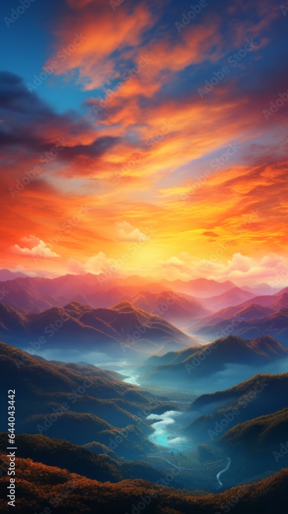 A painting of a sunset over a valley