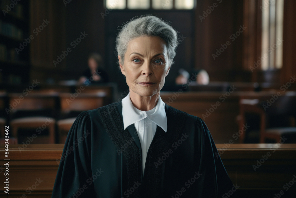 Powerful mature woman judge portrait in courtroom Powerful mature woman judge portrait in courtroom