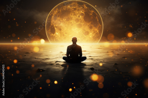 A monk meditating. A man. Astral projection. Mindfulness. Master of meditation. Relaxed. Meditation goals. Balance. Ying and Yang. Eastern philosophy. Eastern lifestyle.