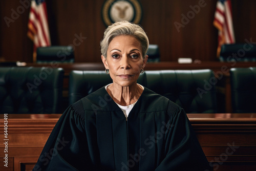 Powerful mature woman judge portrait in courtroom photo