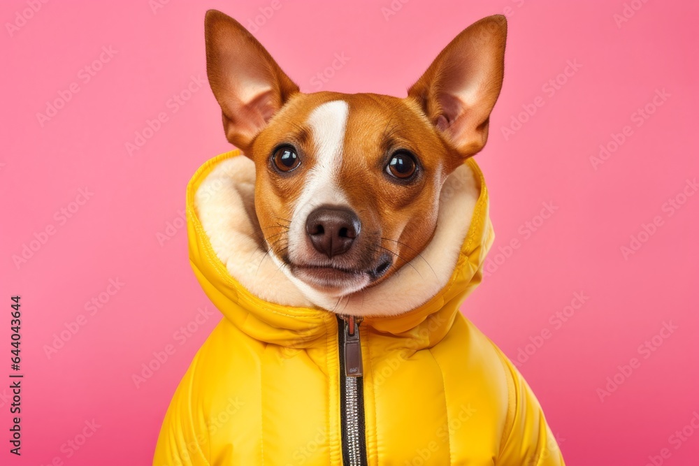 Headshot portrait photography of a happy basenji dog wearing a puffer jacket against a pastel yellow background. With generative AI technology