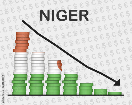 Niger economic collapse, decreasing values with coins, crisis and downgrade concept