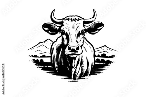 Cow logotype hand drawn ink sketch. Engraving style vector illustration.