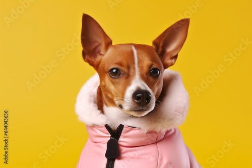 Headshot portrait photography of a happy basenji dog wearing a puffer jacket against a pastel yellow background. With generative AI technology