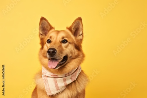 Photography in the style of pensive portraiture of a happy finnish spitz wearing a bandana against a pastel yellow background. With generative AI technology