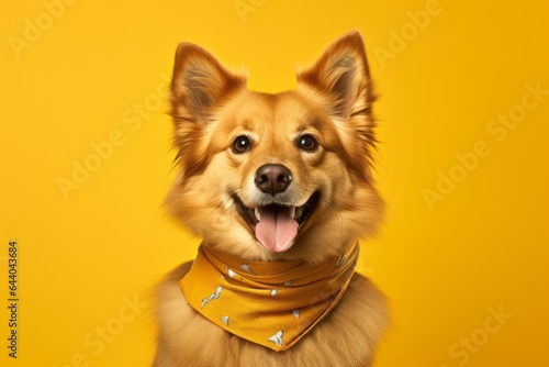 Photography in the style of pensive portraiture of a happy finnish spitz wearing a bandana against a pastel yellow background. With generative AI technology