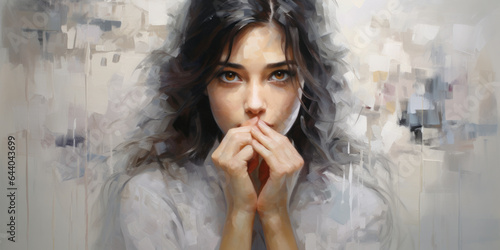 A pretty woman in a white top. Hands in front of mouth. Painterley. Painting. Deep in thought. Pensive.