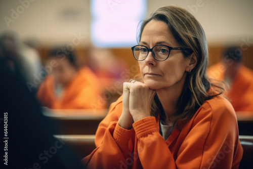 Woman in prison wearing a prisoner orange jumpsuit photo