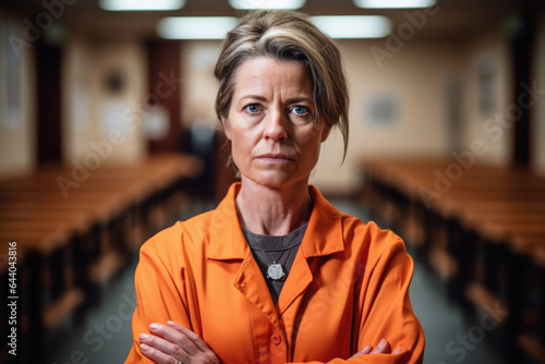 Woman in prison wearing a prisoner orange jumpsuit photo