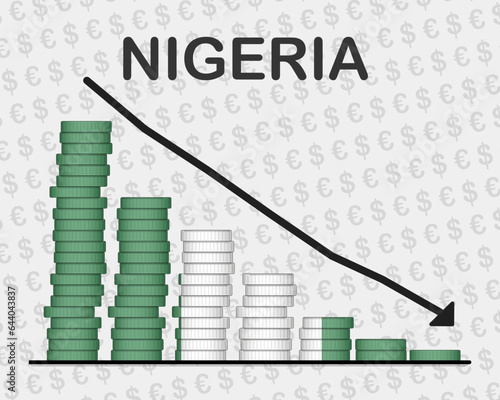 Nigeria economic collapse, decreasing values with coins, crisis and downgrade concept