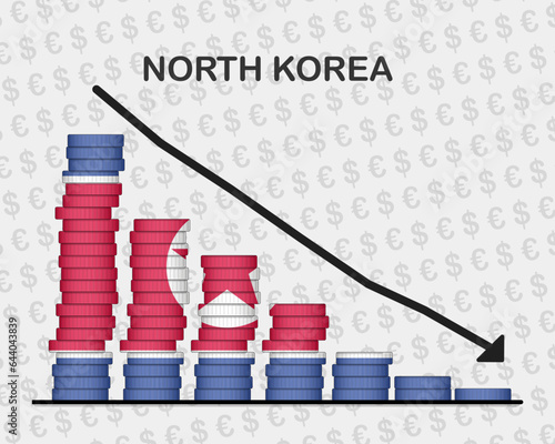 North Korea economic collapse, decreasing values with coins, crisis and downgrade concept