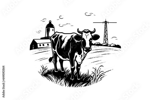 Cow on rural landscape hand drawn ink sketch. Engraving style vector illustration.