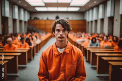 Man wearing prisoner orange jumpsuit portrait