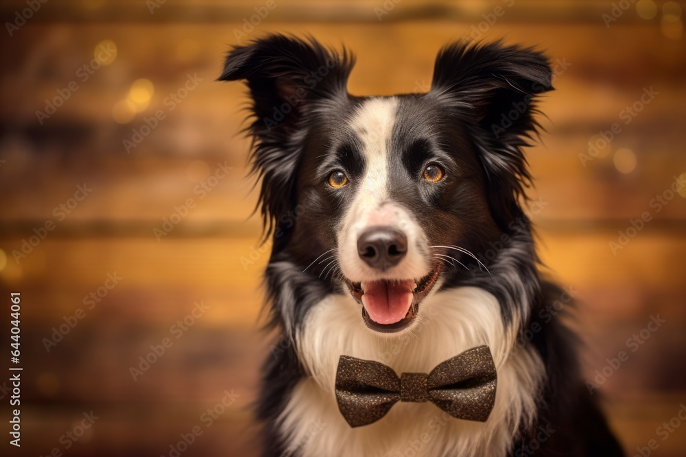 Close-up portrait photography of a happy border collie wearing a cute bow tie against a rustic brown background. With generative AI technology