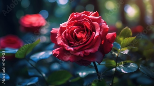 Beautiful red rose blooming in the garden. Nature background. Mother s day concept with a space for a text. Valentine day concept with a copy space.