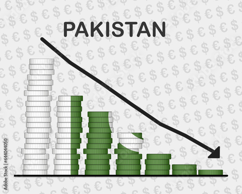Pakistan economic collapse, decreasing values with coins, crisis and downgrade concept