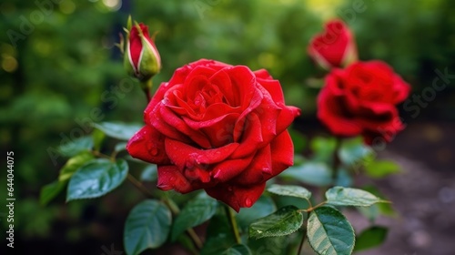 Beautiful red rose in the garden. Shallow depth of field. Mother s day concept with a space for a text. Valentine day concept with a copy space.